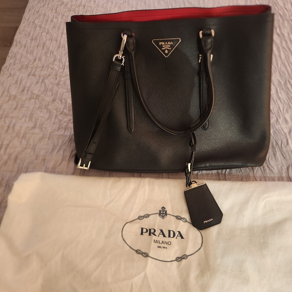 Prada saffiano leather double bag, red on black